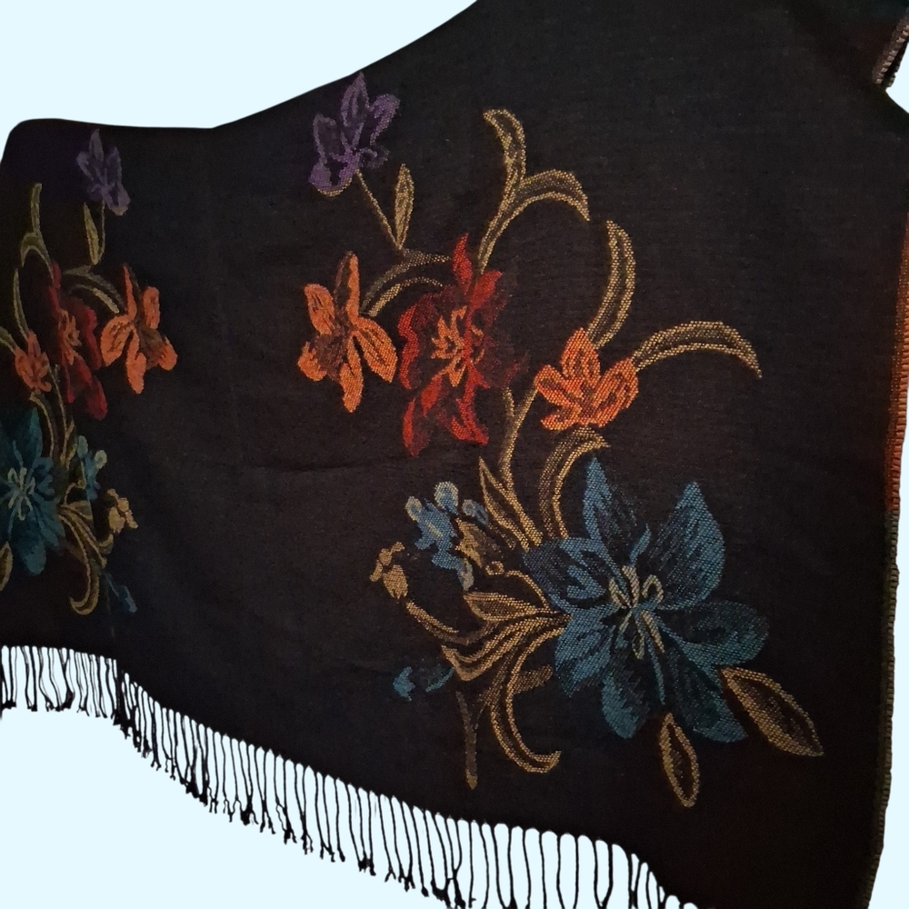 Black Shawl Wrap with Vibrant Colorful Floral | Multicolor Woven Fabric - Picture 11 of 16